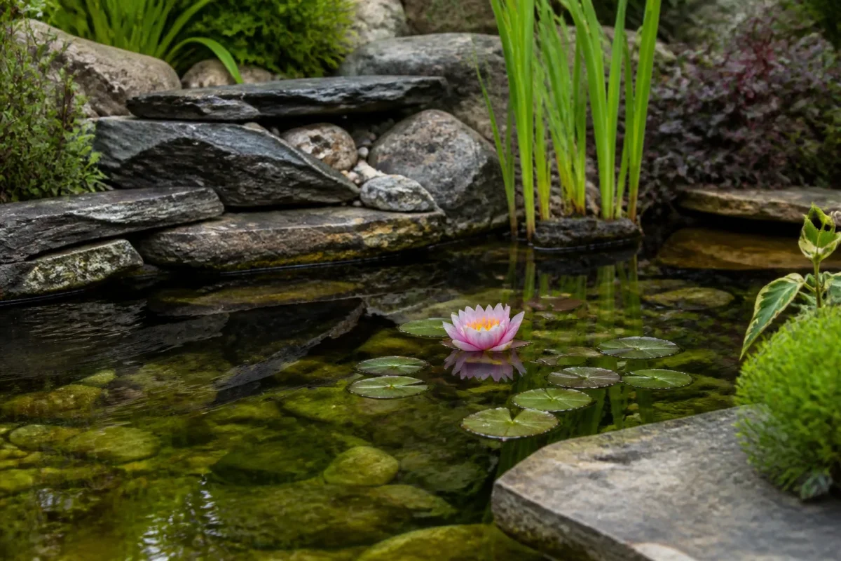 Mare de jardin avec nenuphar flottant et pierres plates