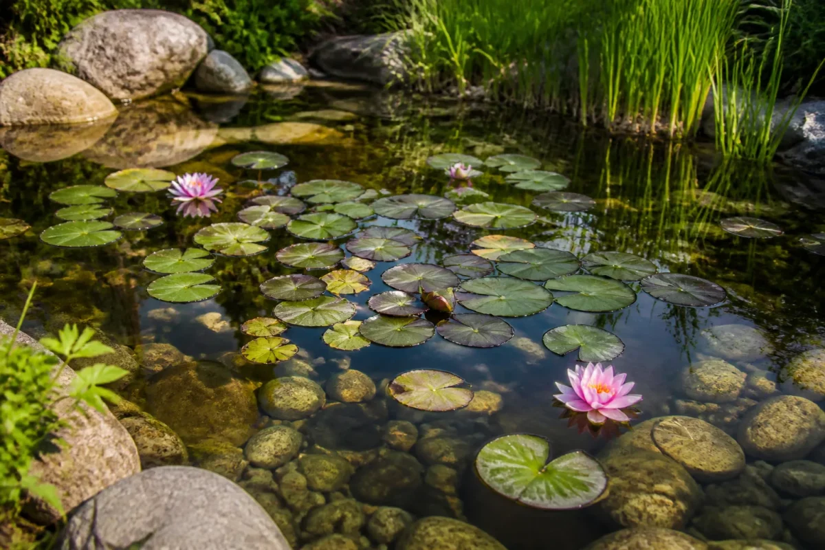Mare de jardin avec nenuphars flottants et pierres