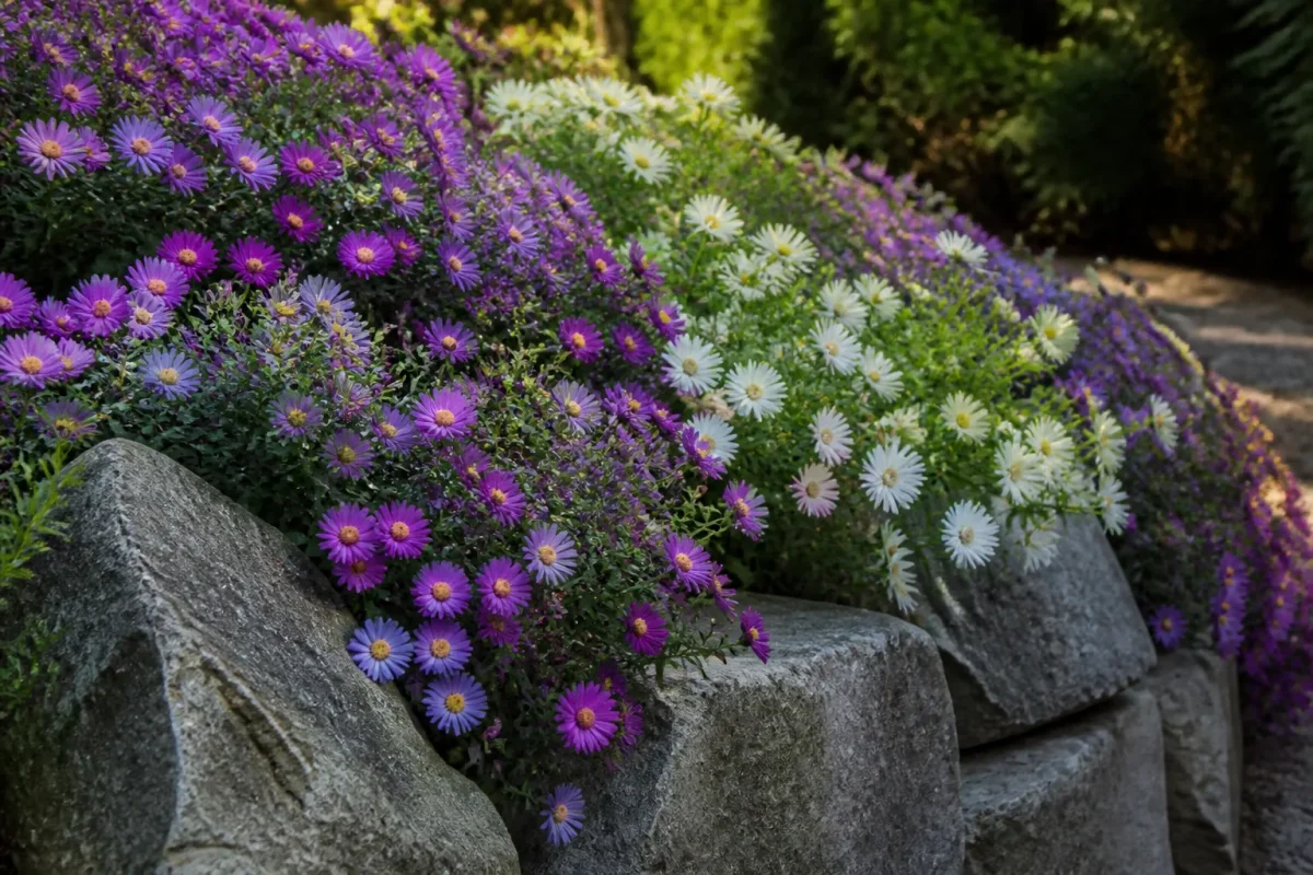 Massifs d'asters violets et blancs bordés de pierres grises