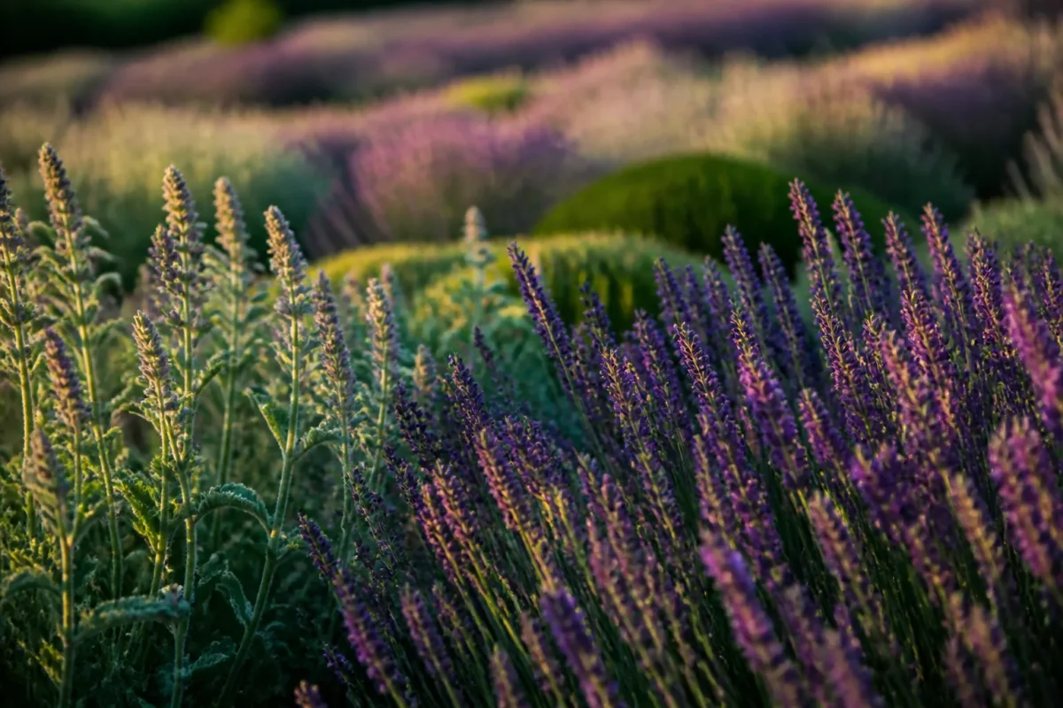 Massifs de lavande violette et sauge bleue au soleil