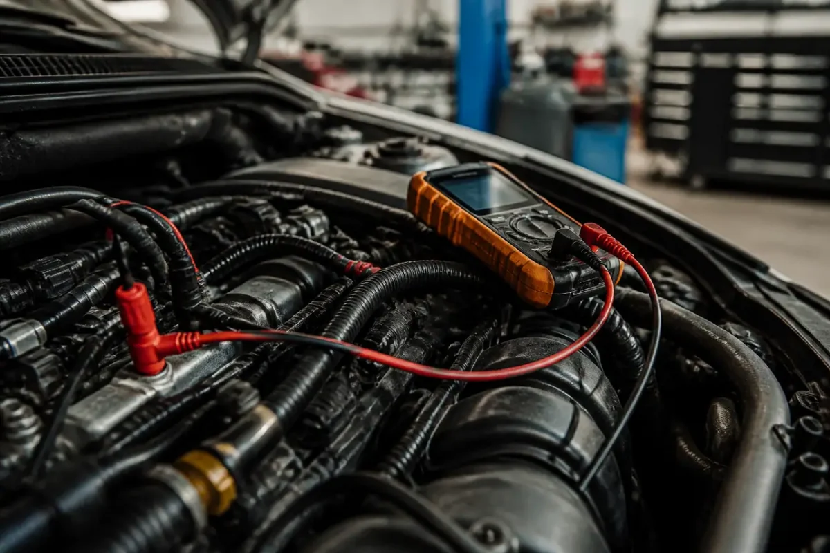 Meccanico con strumento di misura collegato al motore auto
