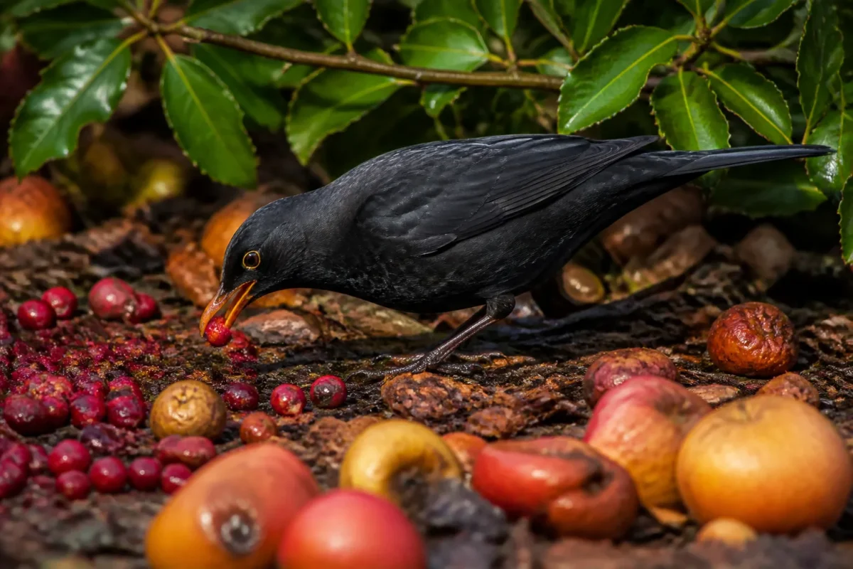 Merle noir devorant baies rouges et fruits tombes