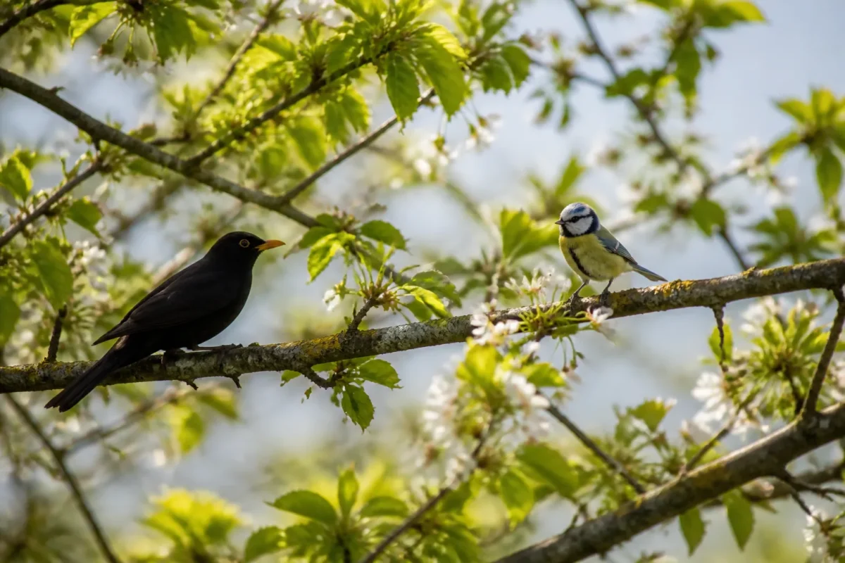Merles et mesanges perches sur branches feuillues au printemps