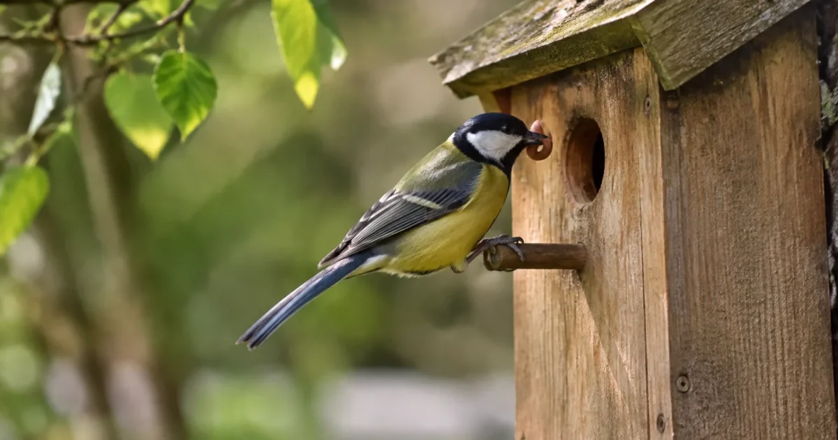 Mesange becquetant un ver pres d'un nichoir en bois