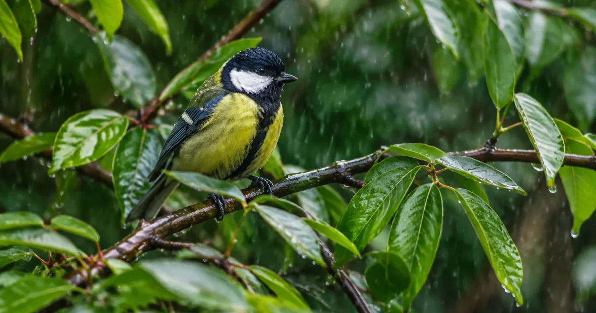 Mesange perchee sur une branche dense sous la pluie