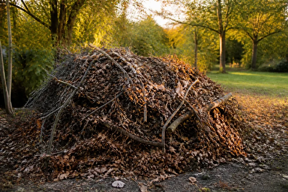Monticule de feuillage brun retenu par des branches