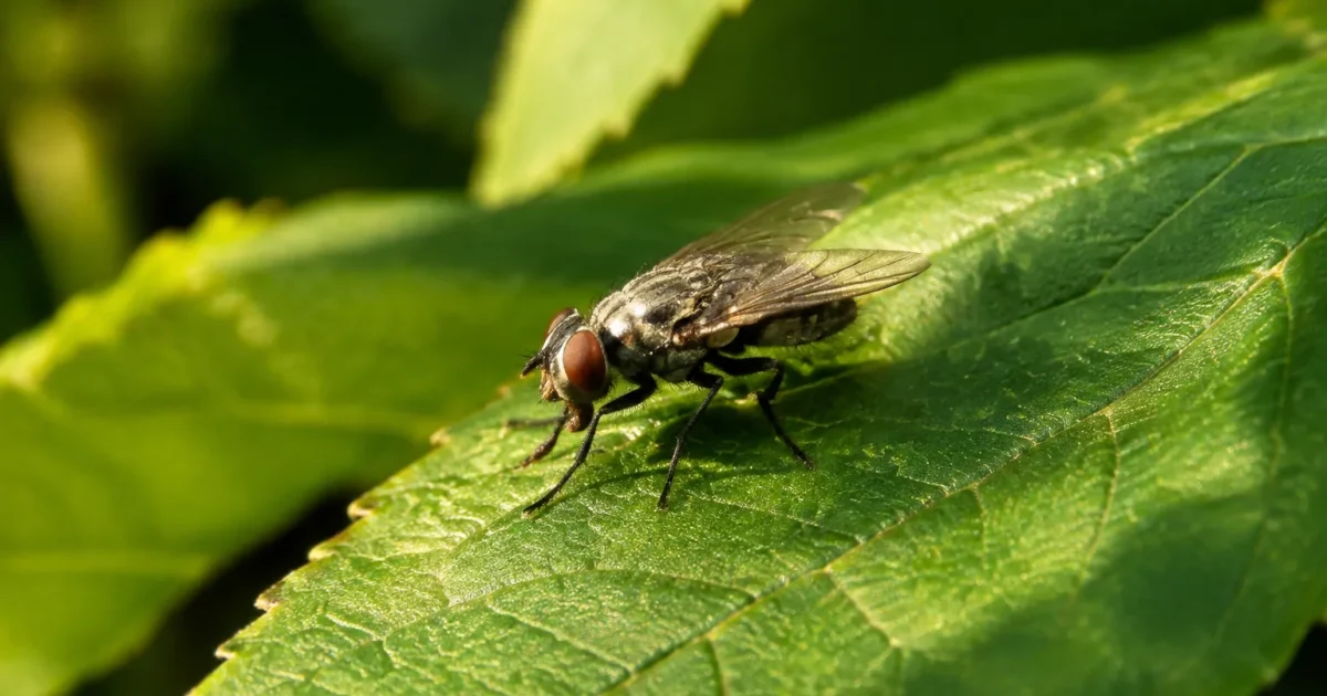 Mouche posee sur une feuille ensoleillee