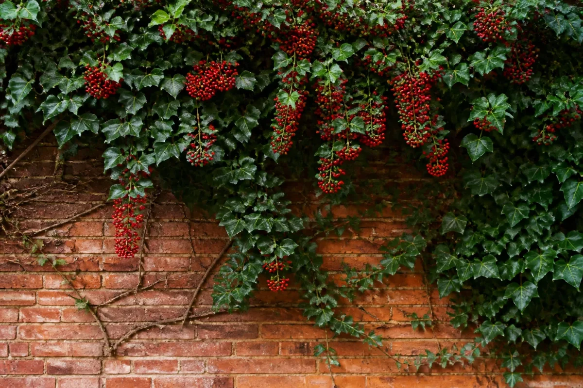 Mur de briques couvert de lierre et baies rouges