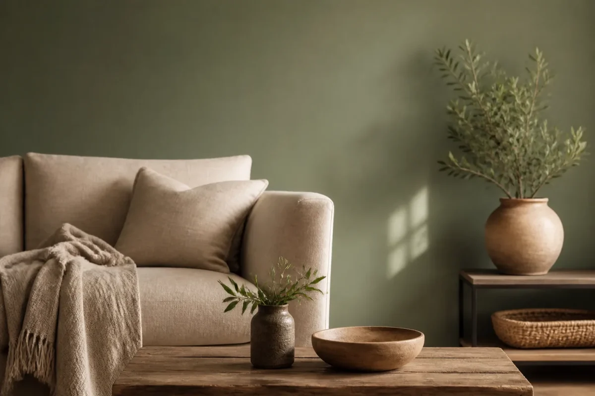 Mur colore vert sauge face a un canape beige
