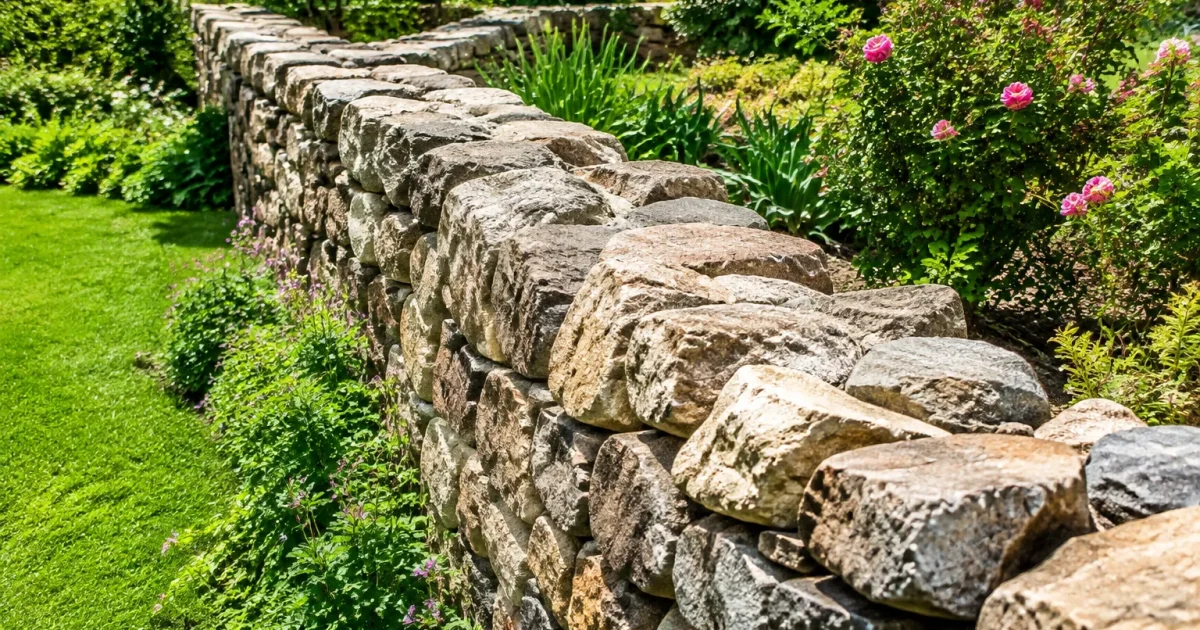 Mur de pierres brutes empilees separant deux jardins