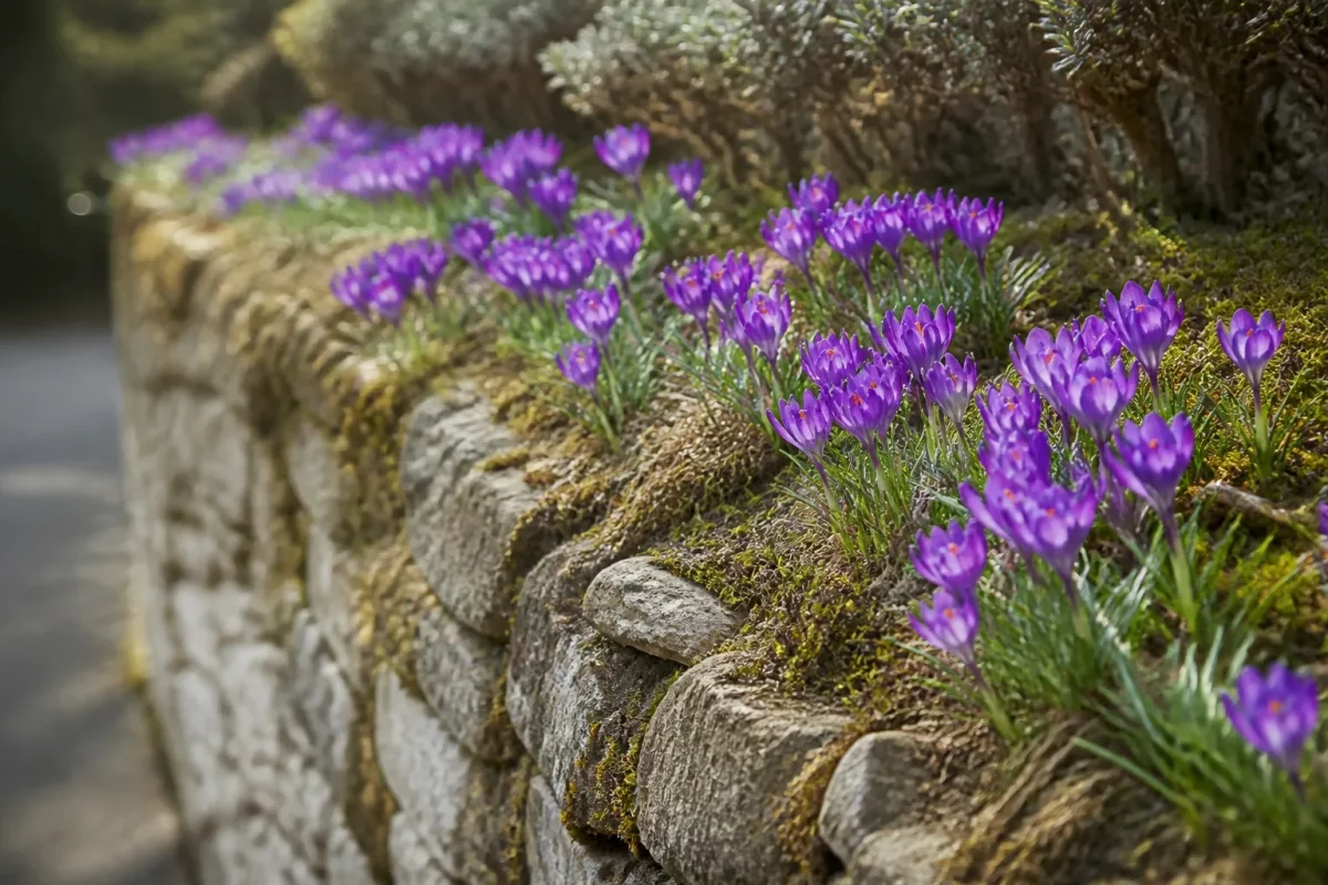 Muret de pierres garni de crocus violets au printemps