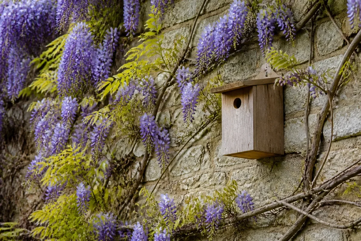 Nichoir en bois fixe sur un mur fleuri