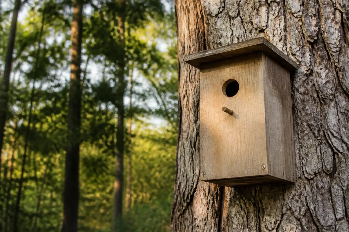 Nichoir en bois fixé sur tronc, petite ouverture ronde
