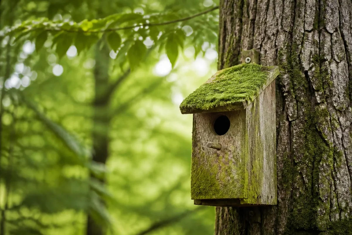 Nichoir en bois moussu fixe sur un tronc