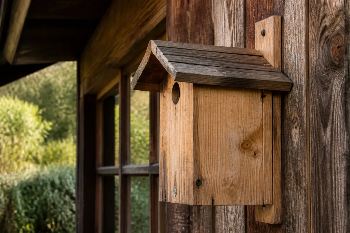 Nichoir en bois avec petit trou rond sur cabanon