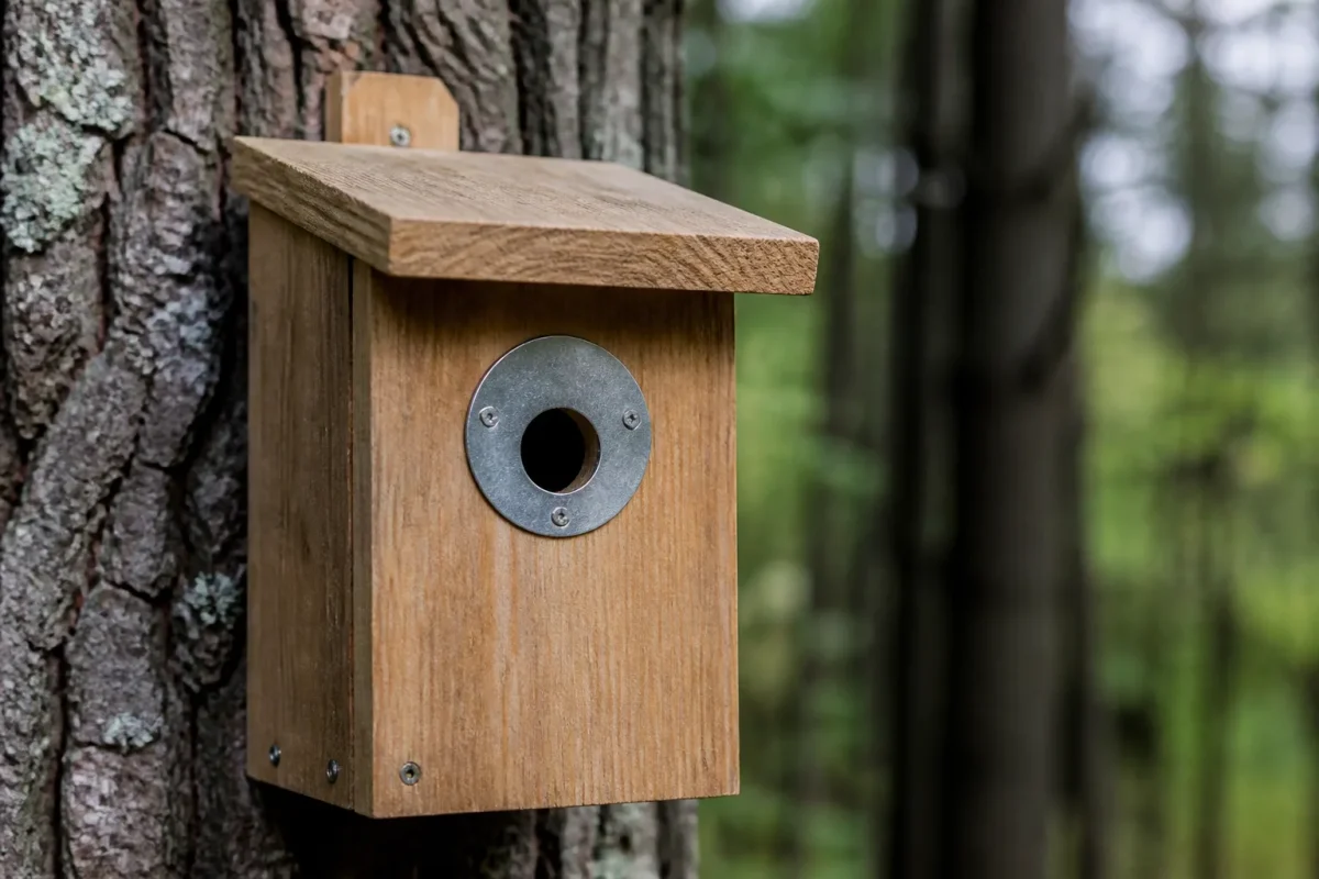 Nichoir en bois avec plaque metallique autour du trou