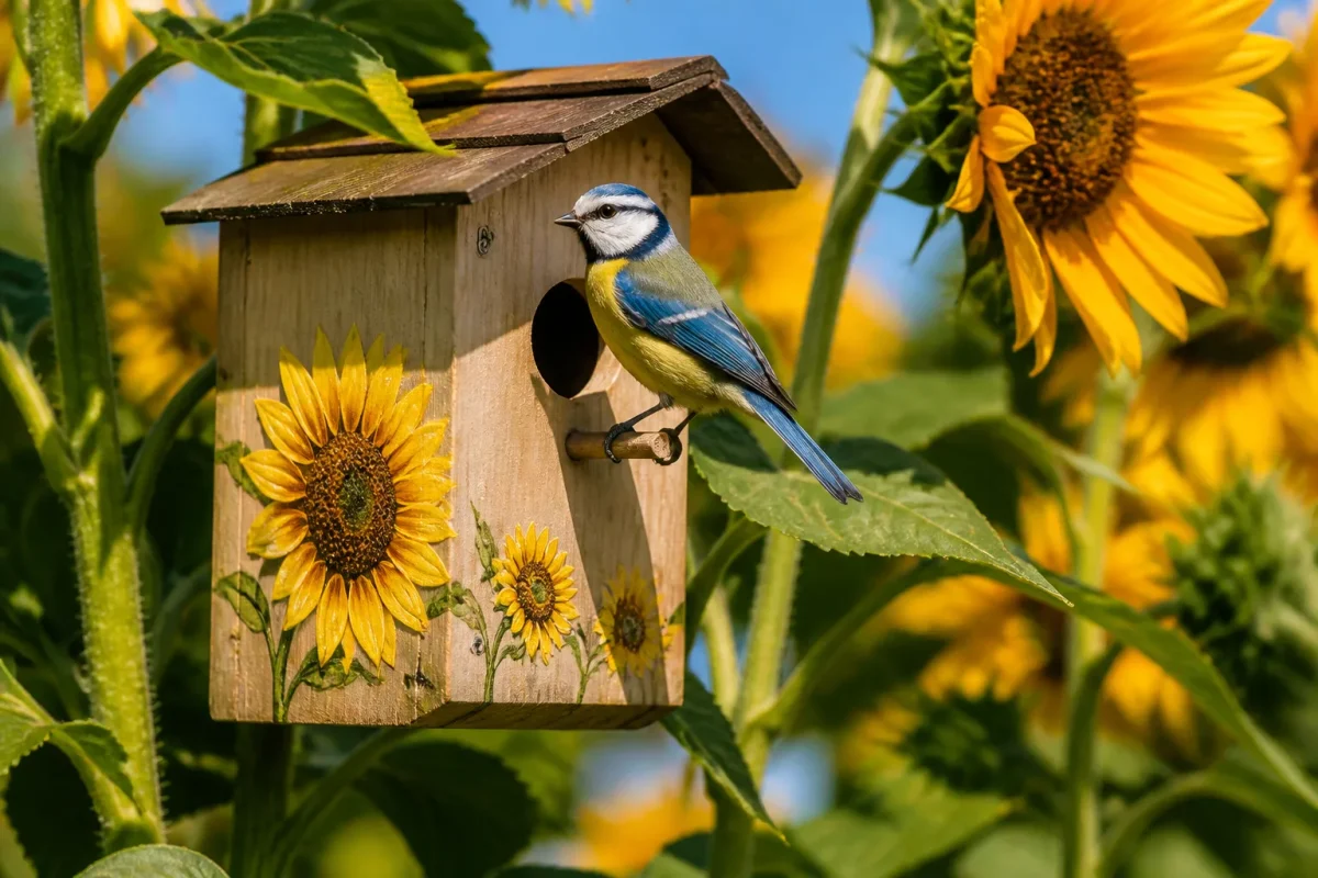 Nichoir bois tournesols jaunes refuge mesange bleue