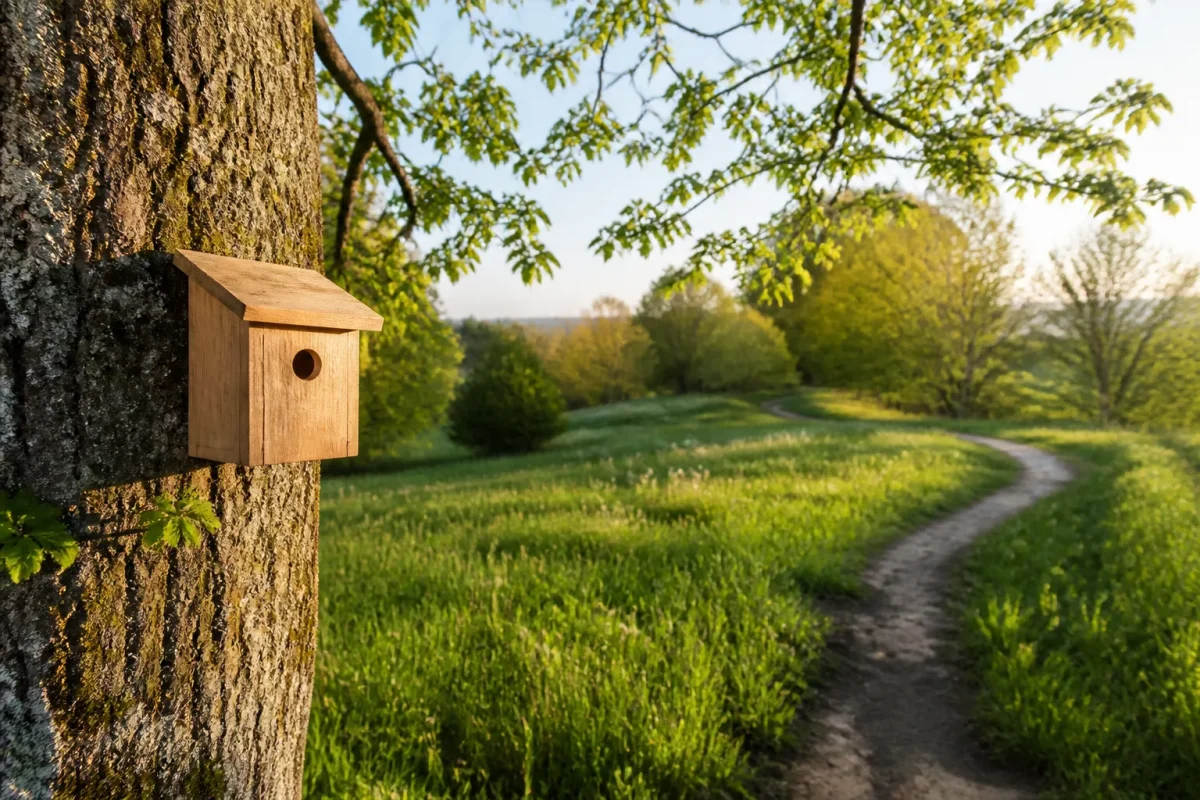 Nichoir en bois fixe sur tronc, prairie et sentier