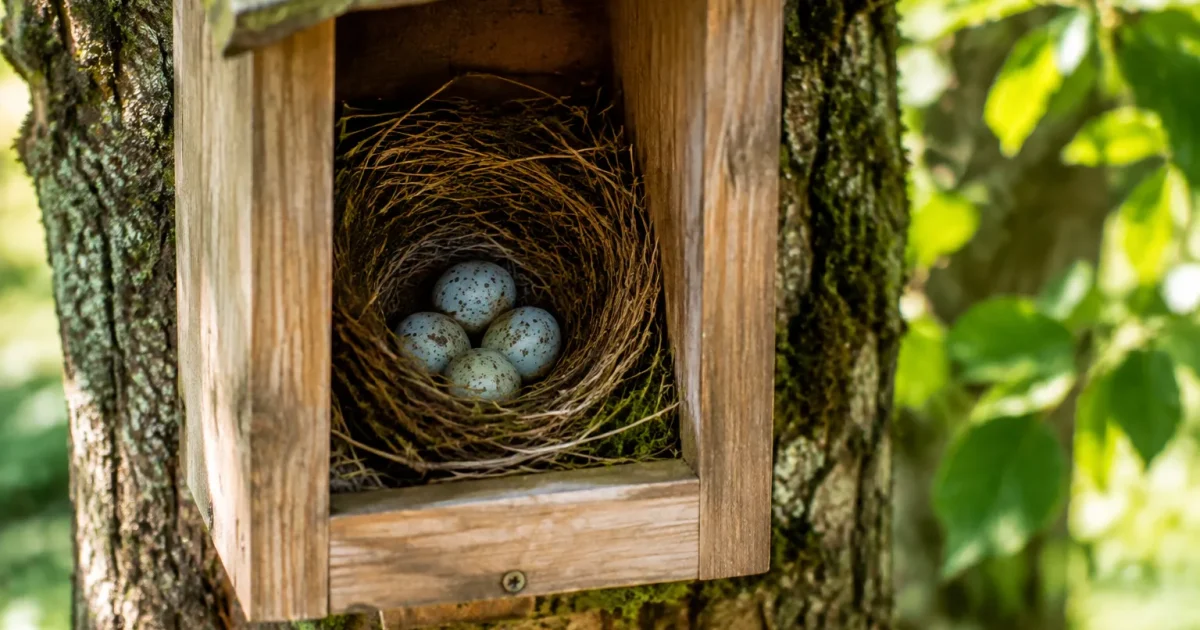Nichoir en bois fixe sur tronc contenant quatre oeufs