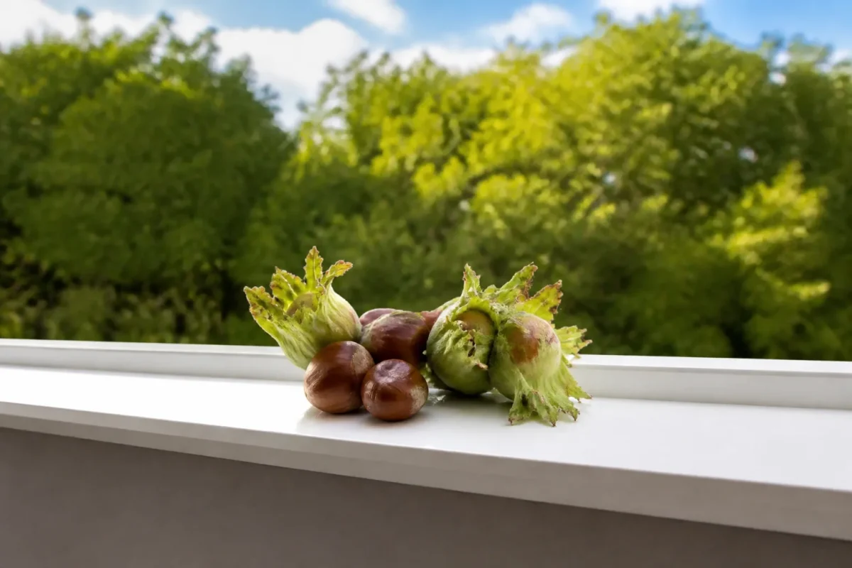 Noisettes sur rebord fenetre arbres verts en arriere plan