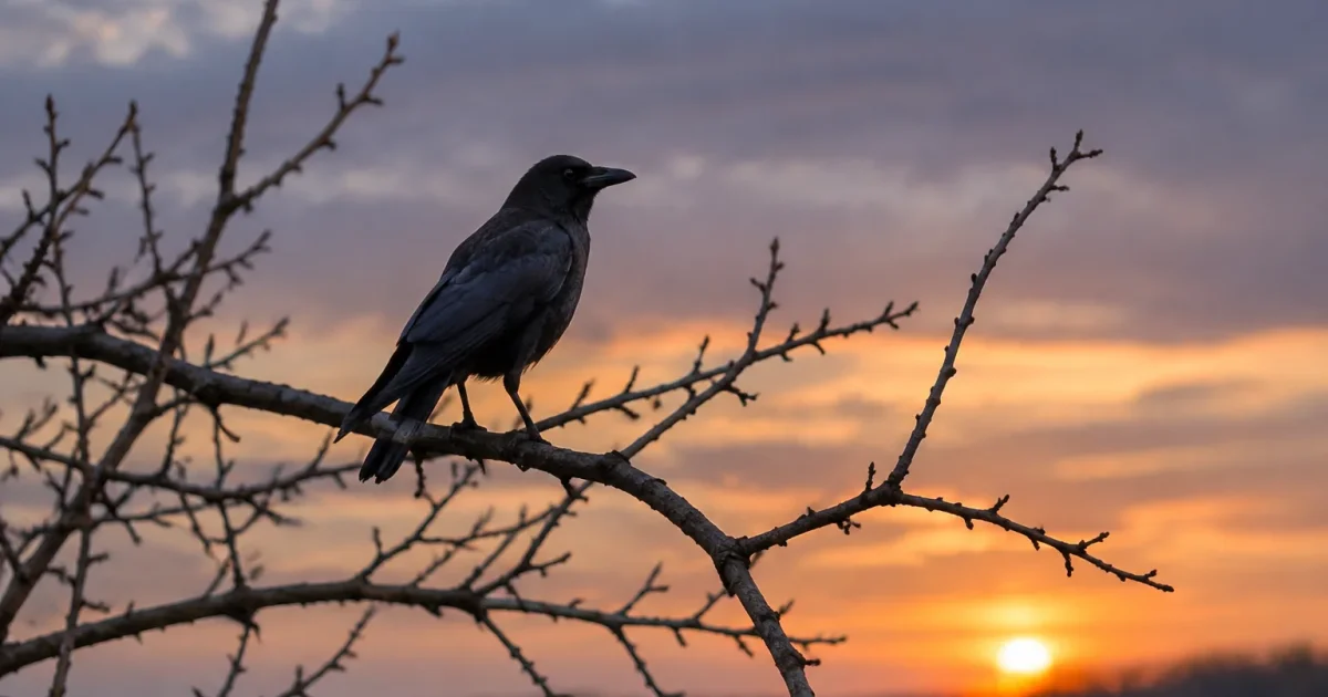 Oiseau noir perche sur une branche nue au crepuscule