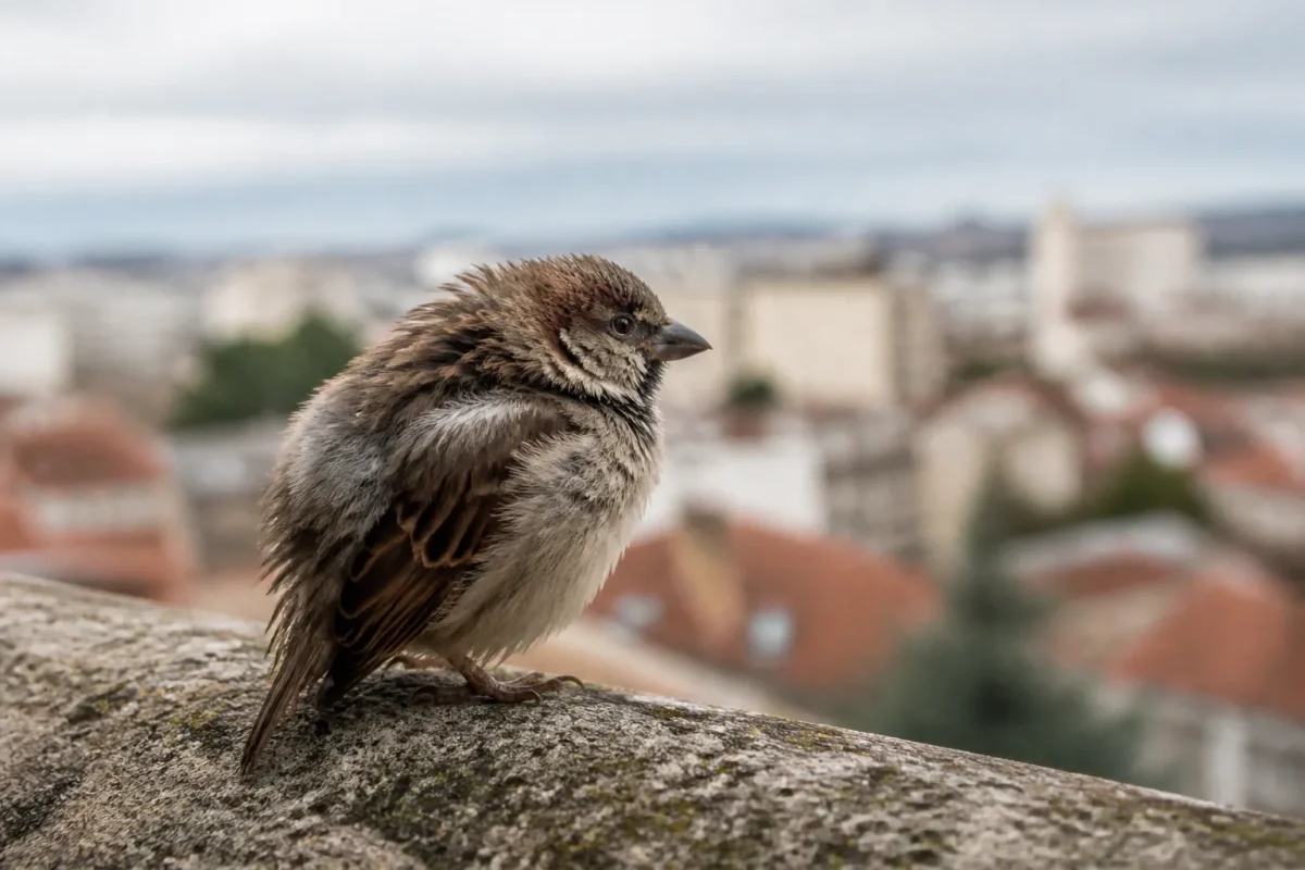 Oiseau aux plumes ebouriffees perche sur un rebord