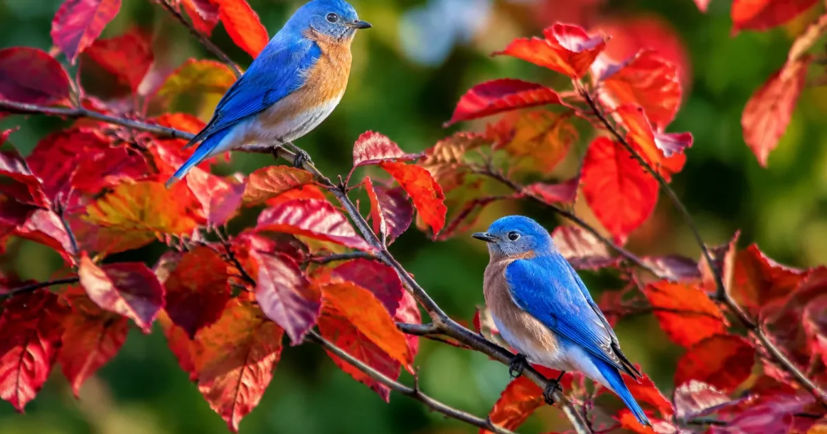 Oiseaux bleus perches sur branches aux feuilles rouges