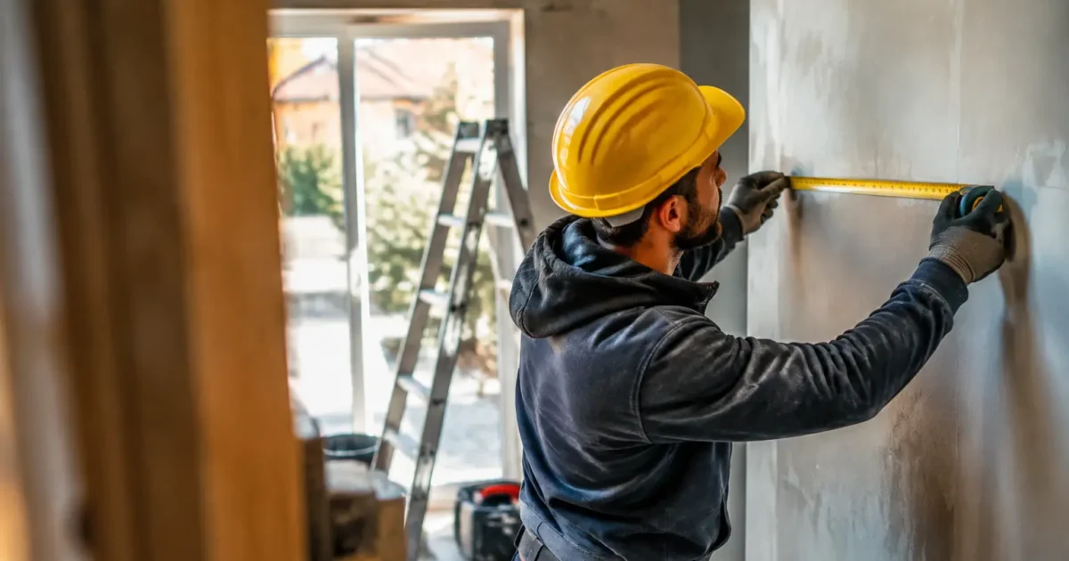 Operaio con casco misura una parete in cantiere domestico