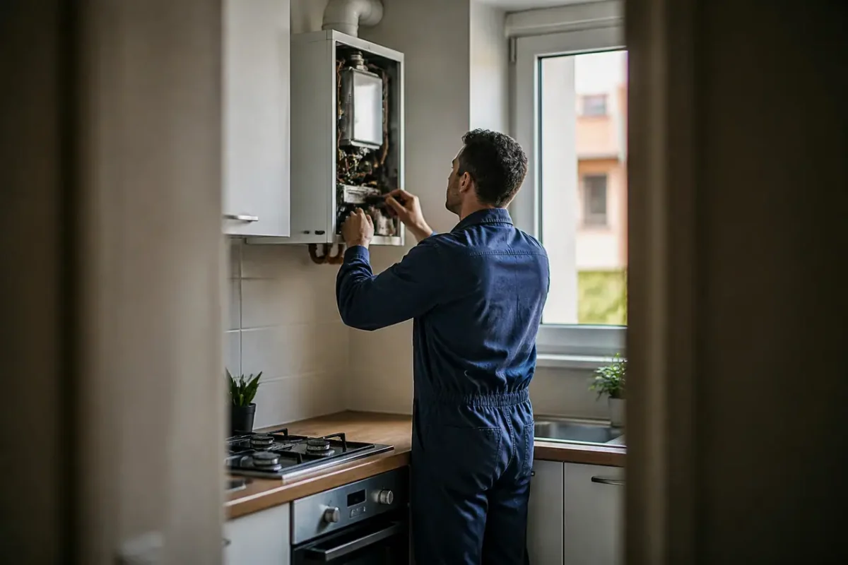 Operatore in tuta controlla una caldaia murale in cucina