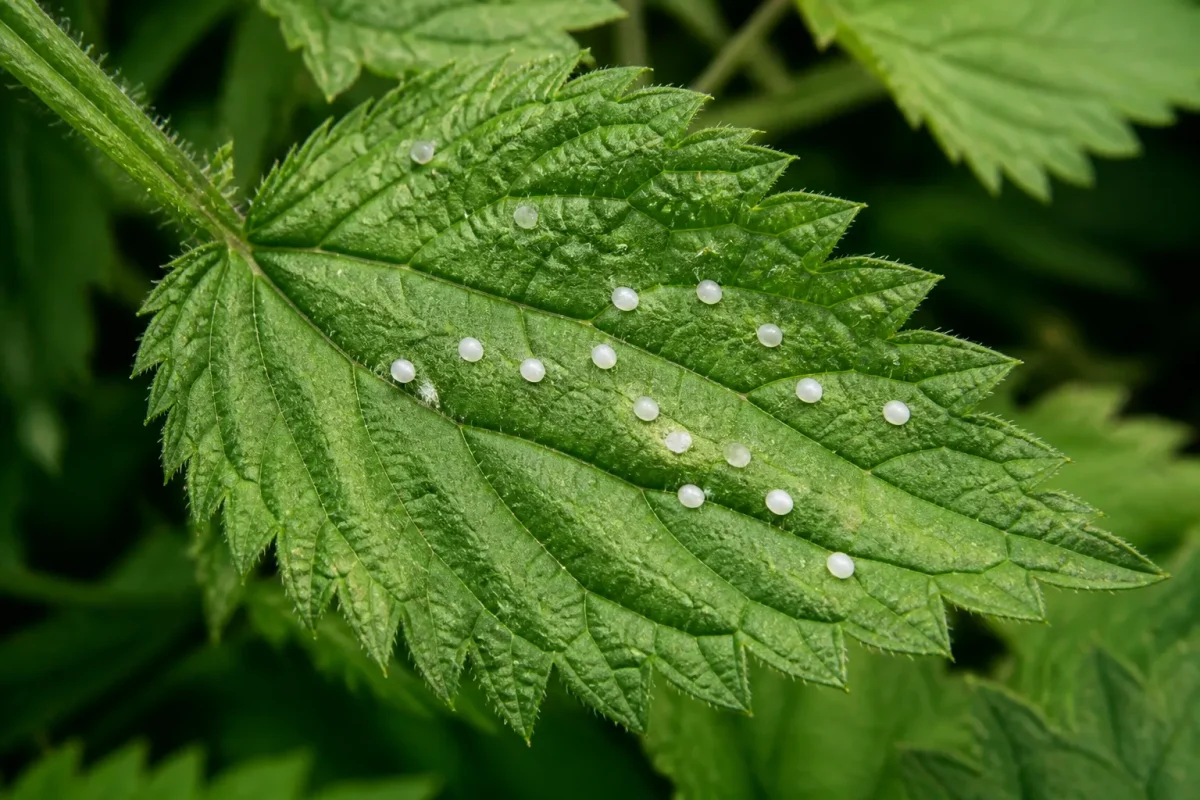 Feuille ortie dentelee vert vif portant petits oeufs blancs