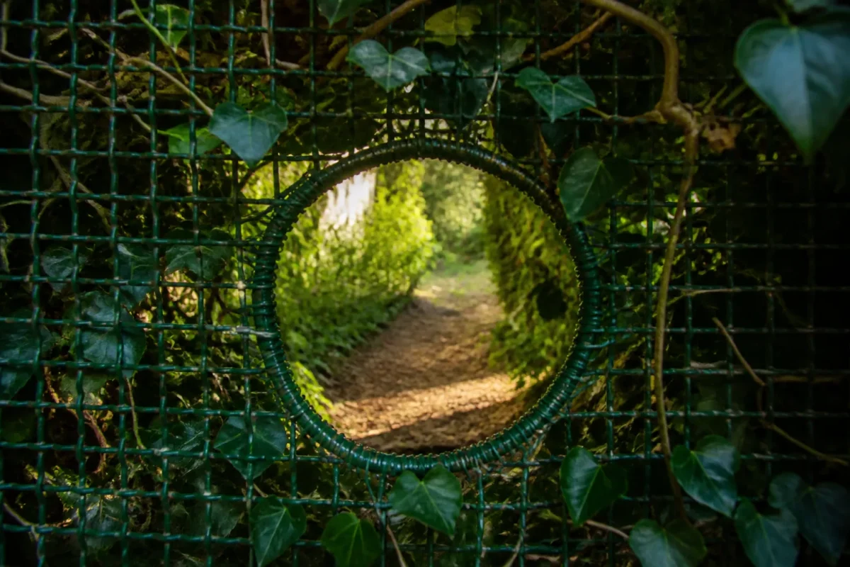Petite ouverture ronde dans un grillage de jardin verdoyant