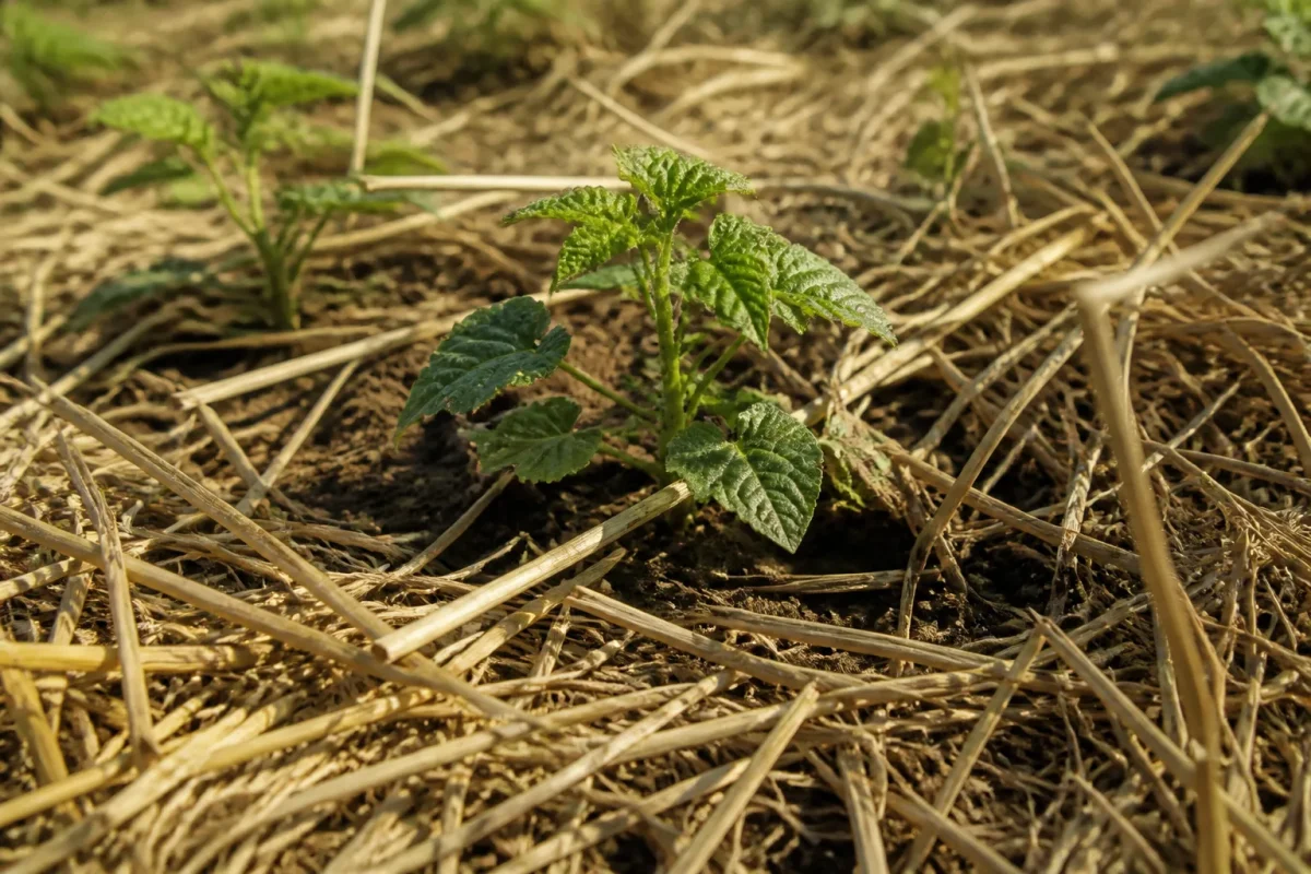 Paille doree couvrant le sol autour de jeunes plants