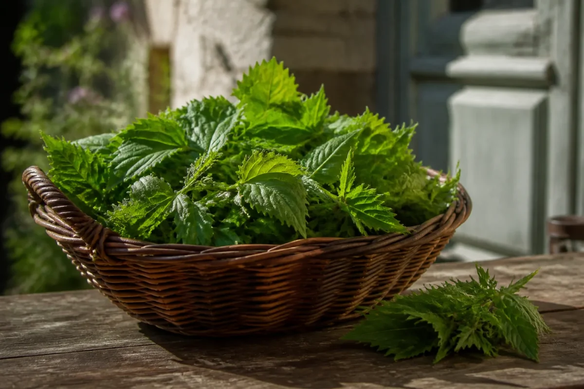 Panier en osier rempli de feuilles vertes fraiches