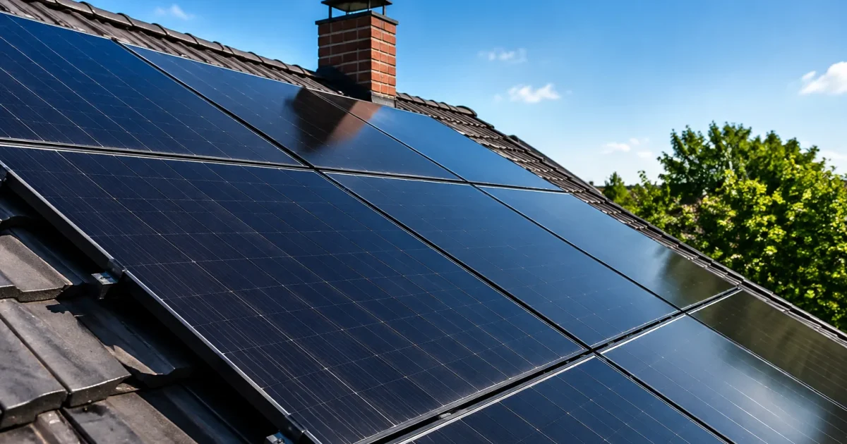 Panneaux solaires noirs alignes couvrent toit incline