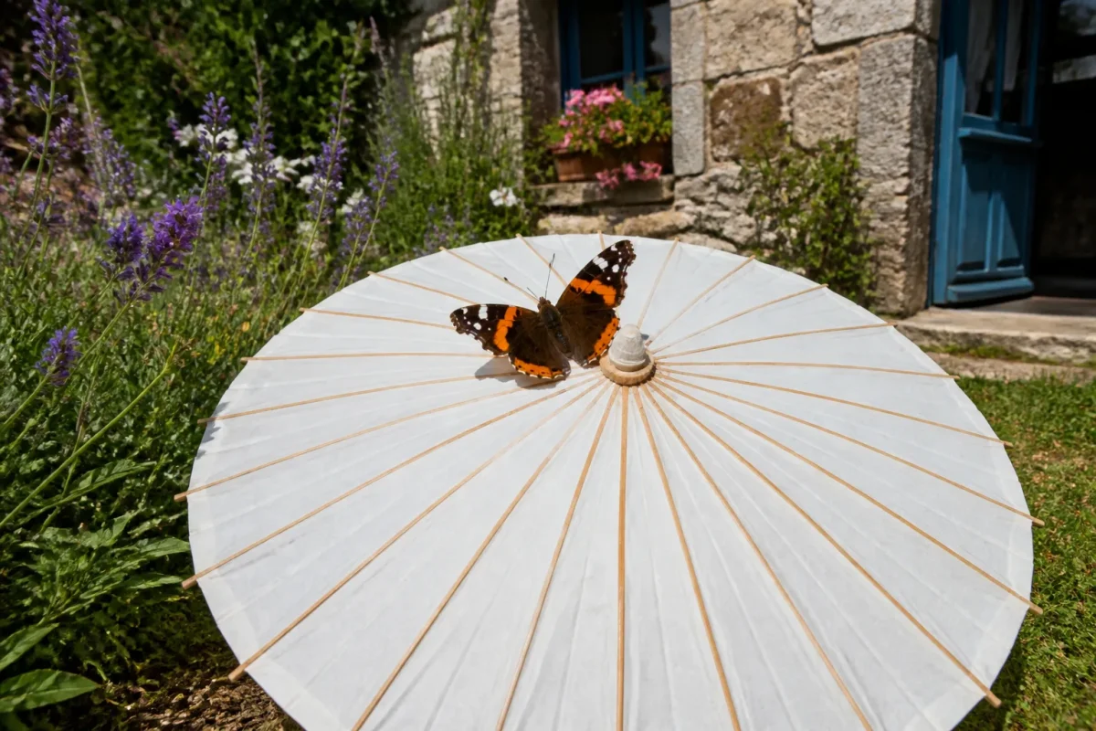 Papillon pose sur une ombelle blanche au soleil