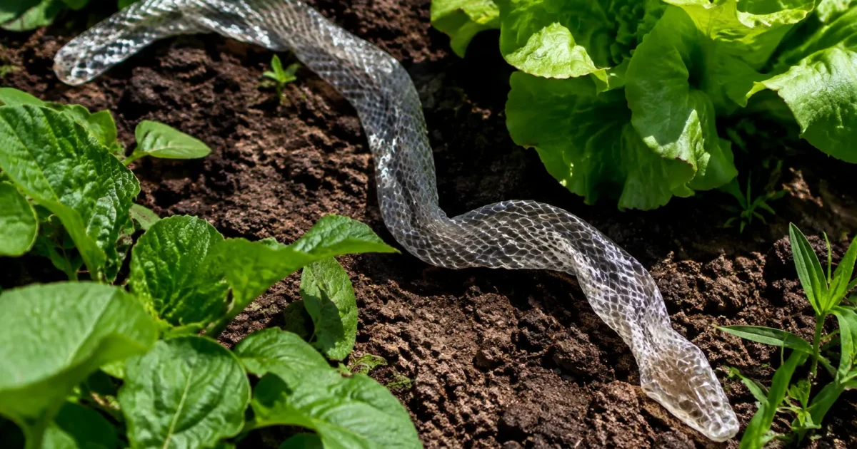 Peau transparente de serpent visible dans le potager
