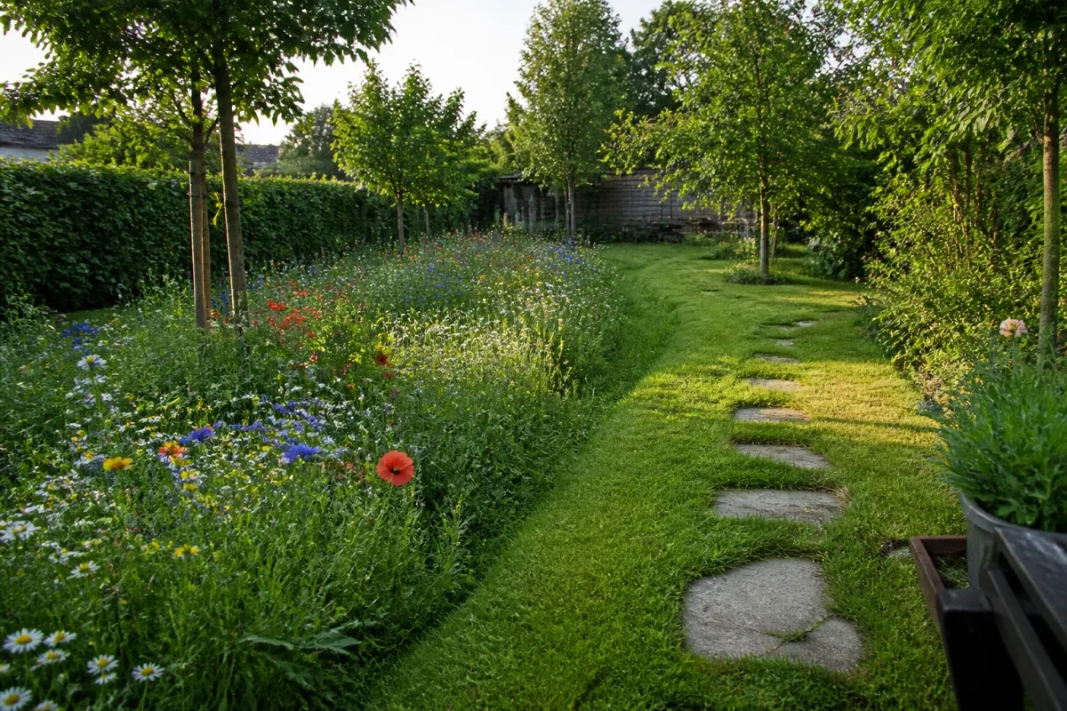 Pelouse fleurie avec bande tondue et chemin de pierres
