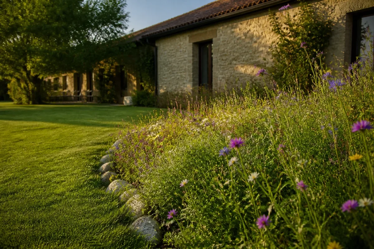 Pelouse tondue devant une maison et massif fleuri sauvage