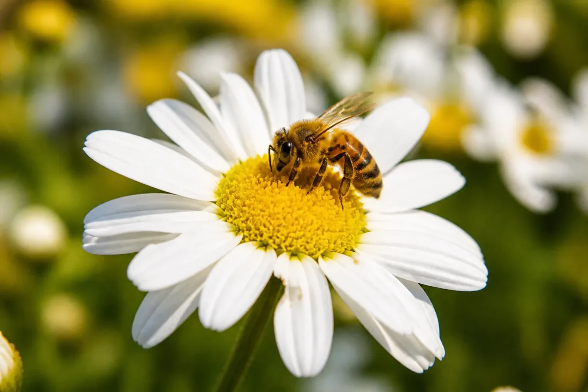 Petales blancs, coeur jaune, abeille posee dessus au soleil