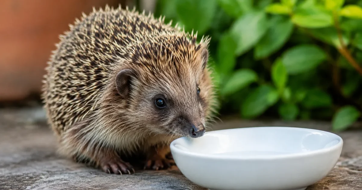 Petit animal piquant en boule devant une soucoupe blanche