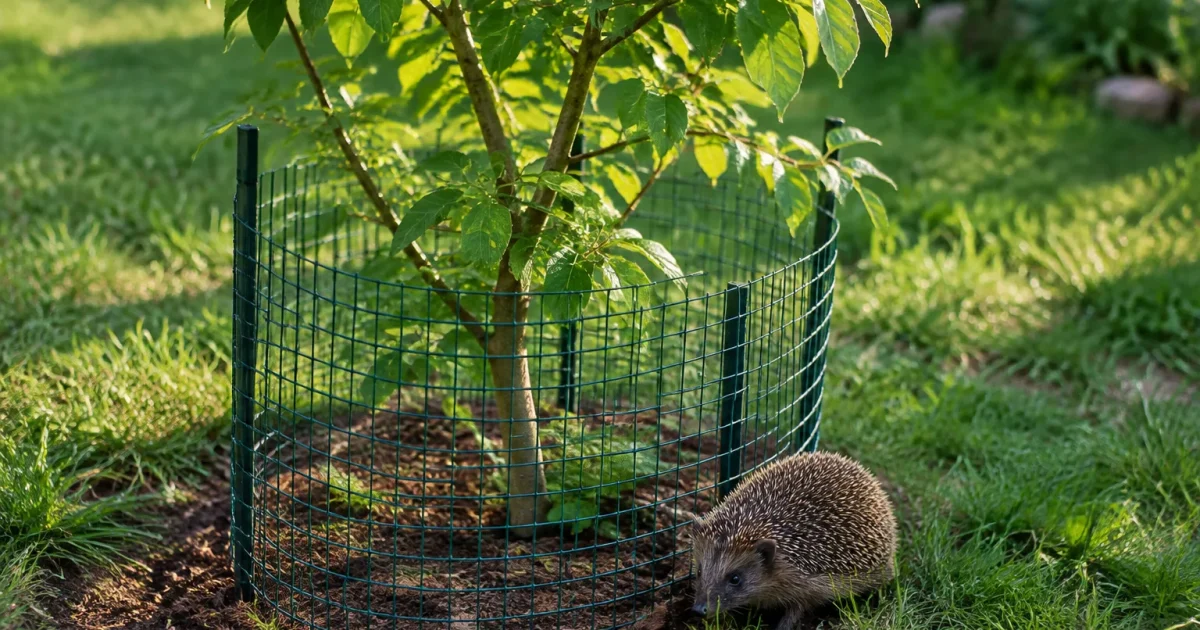 Petit arbre protege par grillage bas, herisson au pied