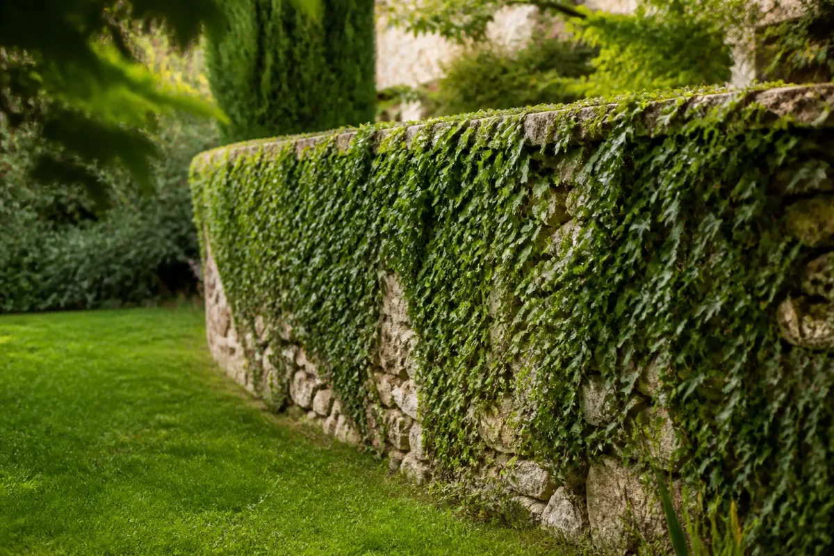 Petit mur de jardin couvert de lierre vert
