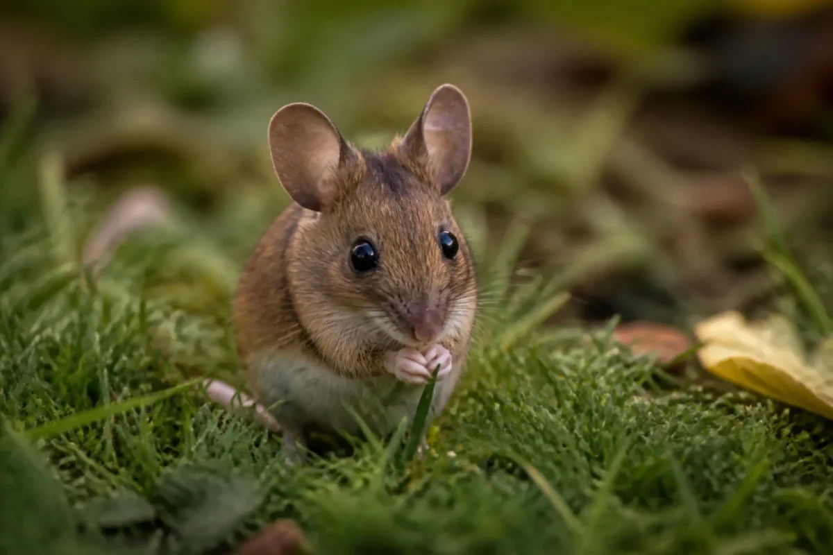 Petit rongeur brun aux grandes oreilles assis dans l'herbe