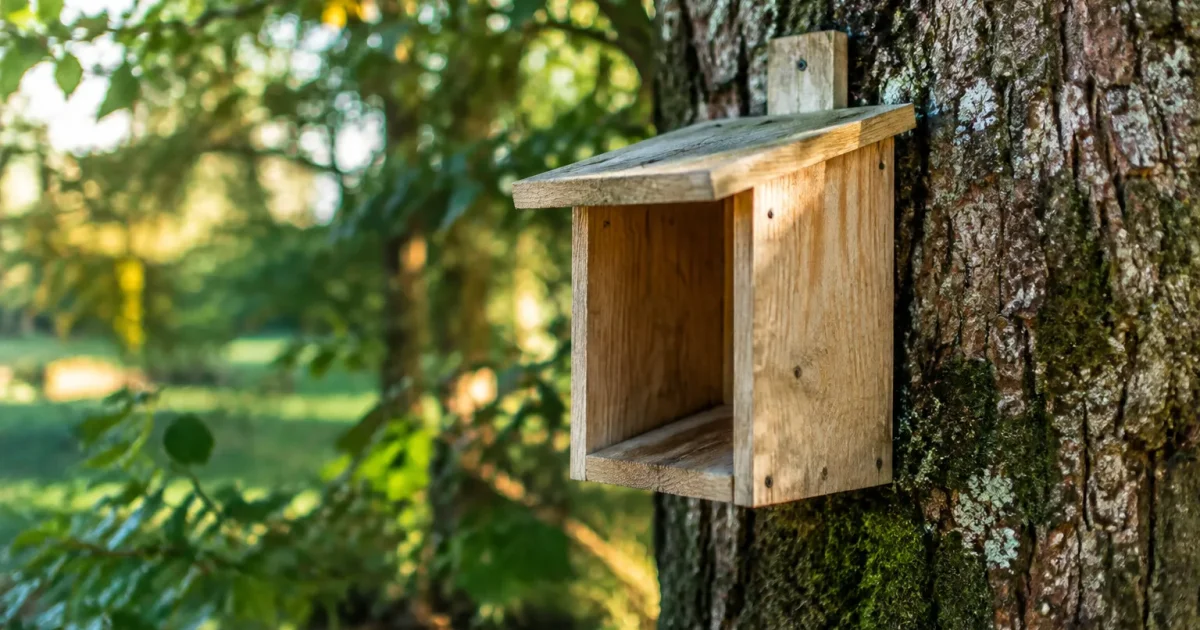 Petite boite en bois fixee au tronc, entree ouverte