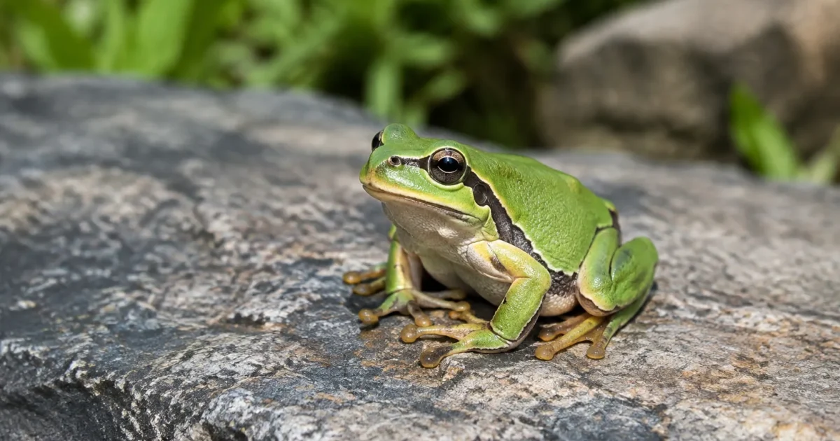 Petite grenouille verte posee sur une dalle de pierre
