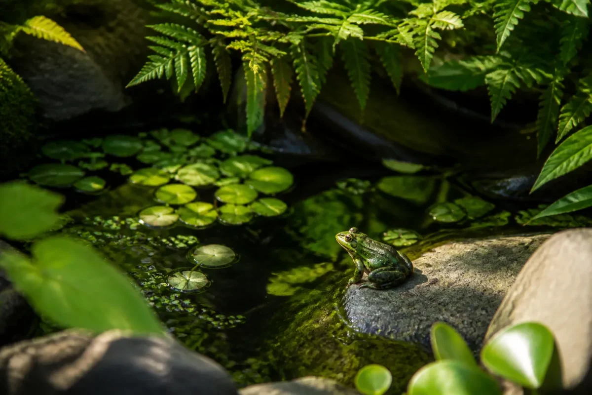 Petite mare ombragee avec grenouille verte sur pierre