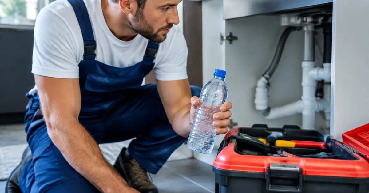 Plombier saisissant bouteille eau pres de caisse outils