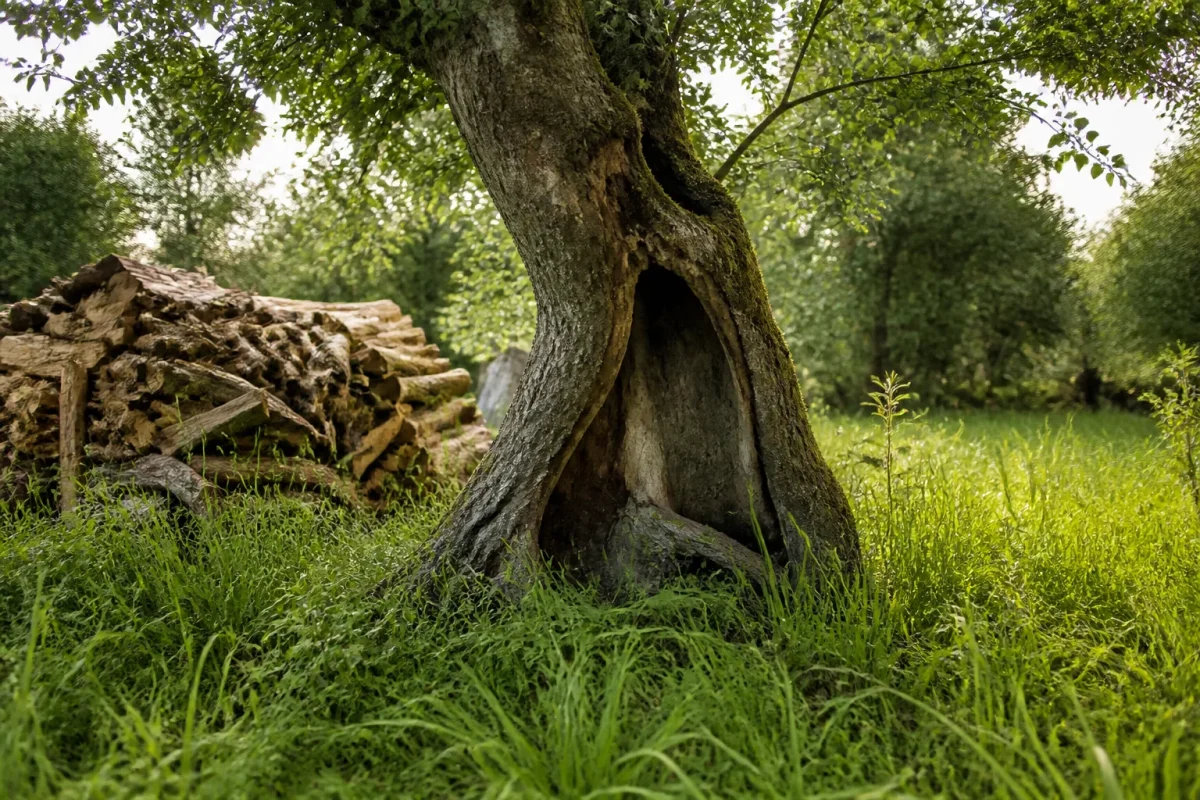Pommier creux parmi hautes herbes et tas de bois