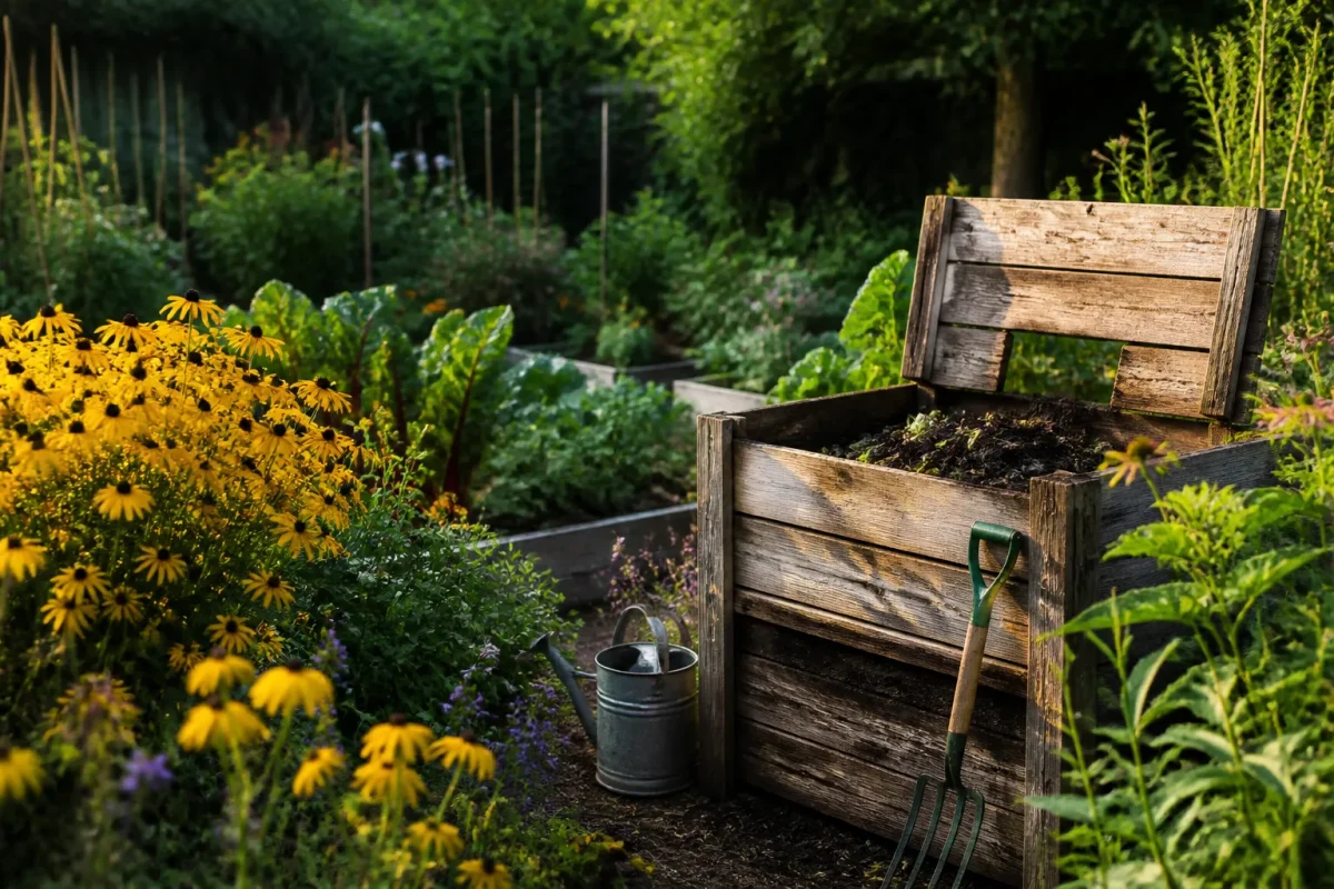 Potager collectif avec fleurs jaunes et composteur en bois