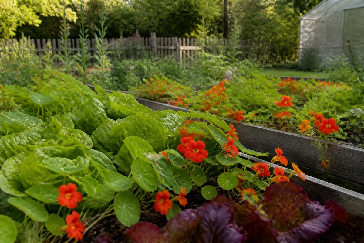 Potager envahi de capucines orange rampantes entre les salades